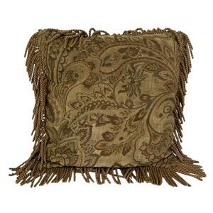 Luxury Borgata Long Rope Fringe Tan Paisley Tapestry Decorative Pillow 15”